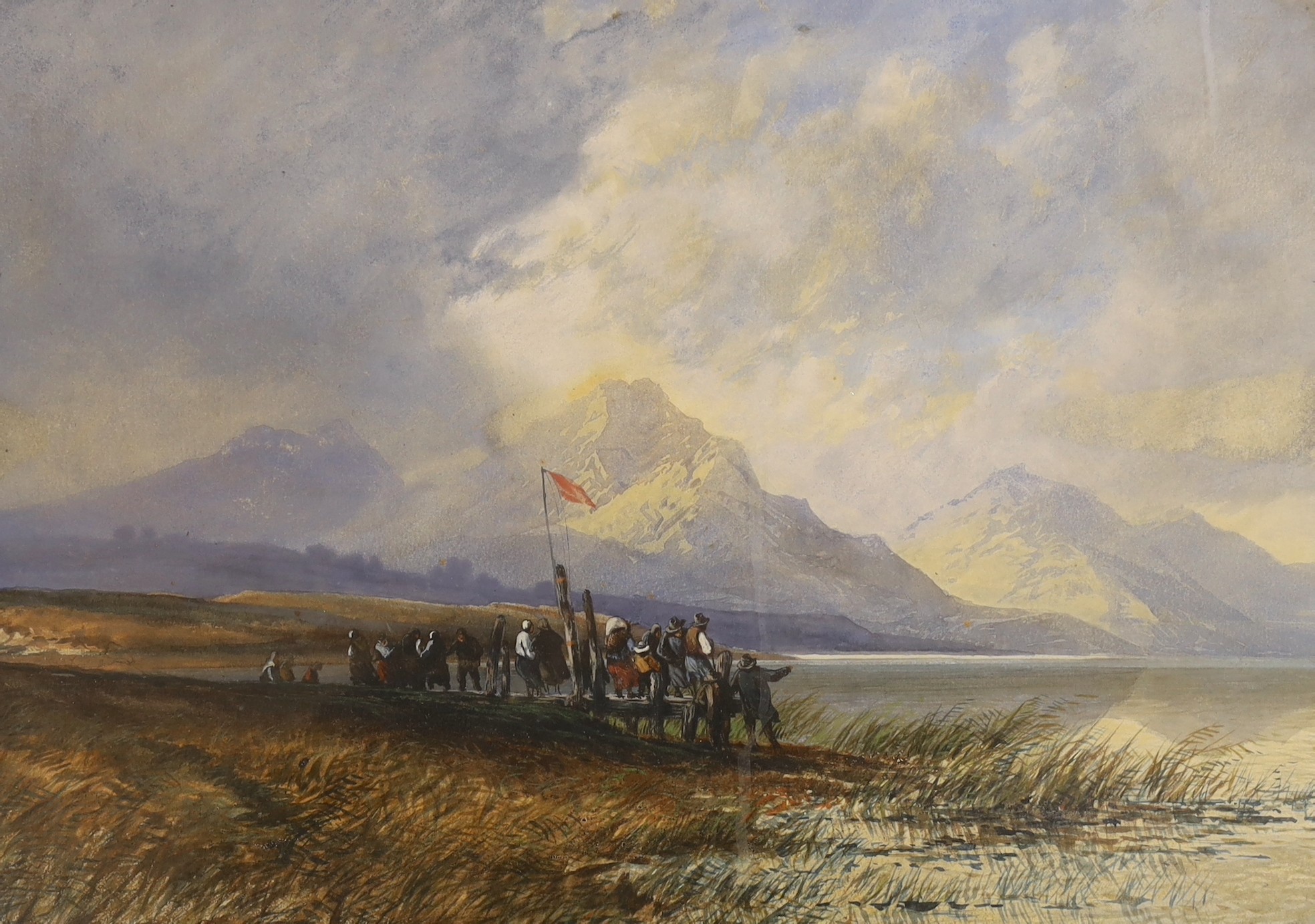 H. Valter (fl.1854-64), watercolour with gum arabic, Figures on the shore of a lake, signed, 32 x 44cm